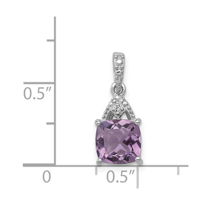 Sterling Silver Rhodium Plated Diamond And Amethyst Cushion Pendant