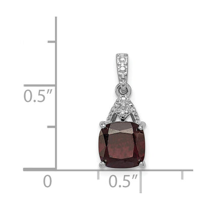 Sterling Silver Rhodium Plated Diamond Garnet Cushion Pendant