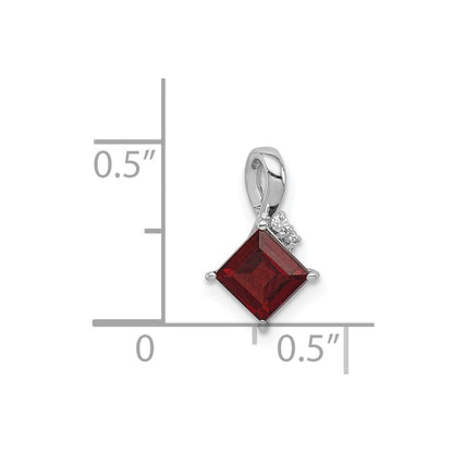 Sterling Silver Rhodium Plated Diamond & Garnet Square Pendant