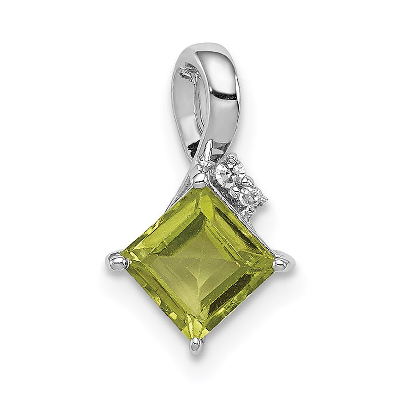 Sterling Silver Rhodium Plated Diamond And Peridot Square Pendant