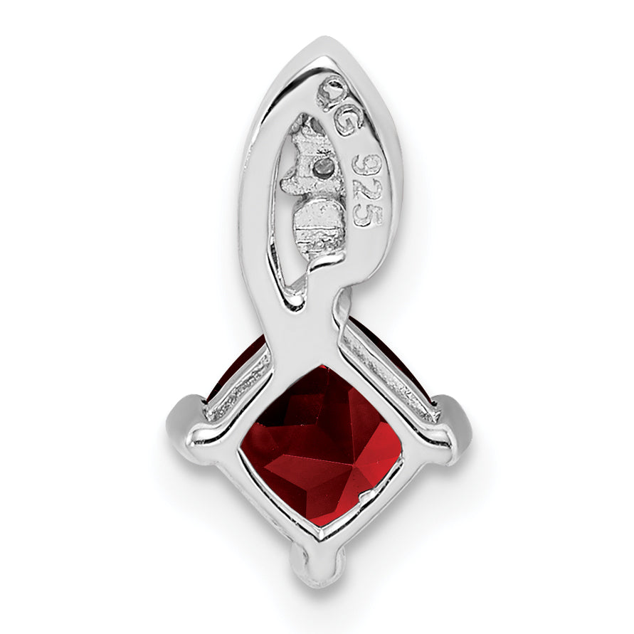 Sterling Silver Rhodium Plated Diamond & Garnet Square Pendant