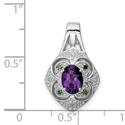 Sterling Silver Rhodium-plated White/Green Diamond & Amethyst Pendant