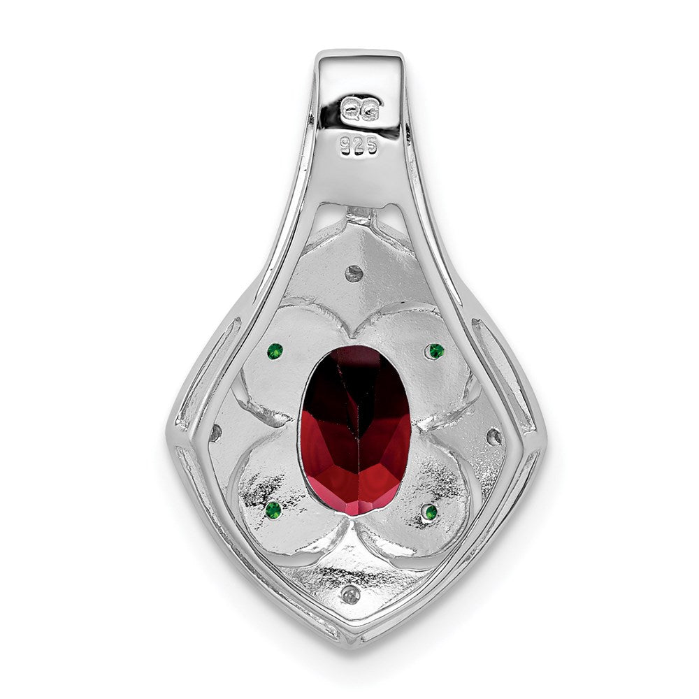 Sterling Silver Rhodium White/Green Diamond & Garnet Oval Pendant
