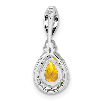 Sterling Silver Rhodium-plated Diamond & Citrine Teardrop Pendant
