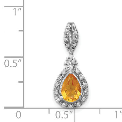 Sterling Silver Rhodium-plated Diamond & Citrine Teardrop Pendant