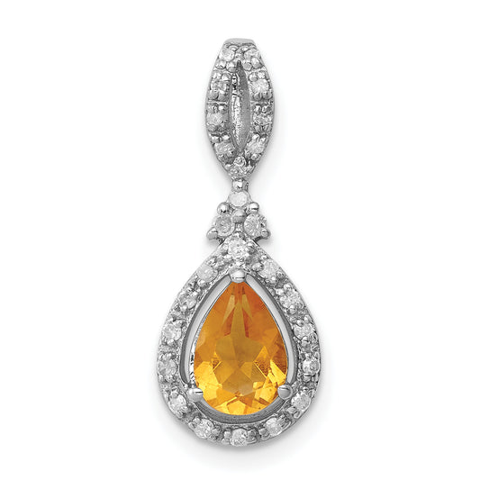 Sterling Silver Rhodium-plated Diamond & Citrine Teardrop Pendant