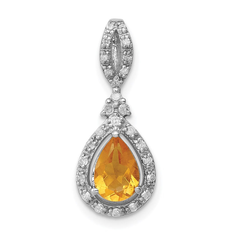 Sterling Silver Rhodium-plated Diamond & Citrine Teardrop Pendant