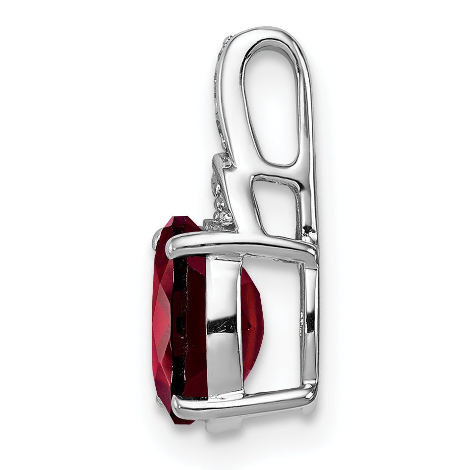 Sterling Silver Rhodium-plated Diamond & Garnet Oval Pendant