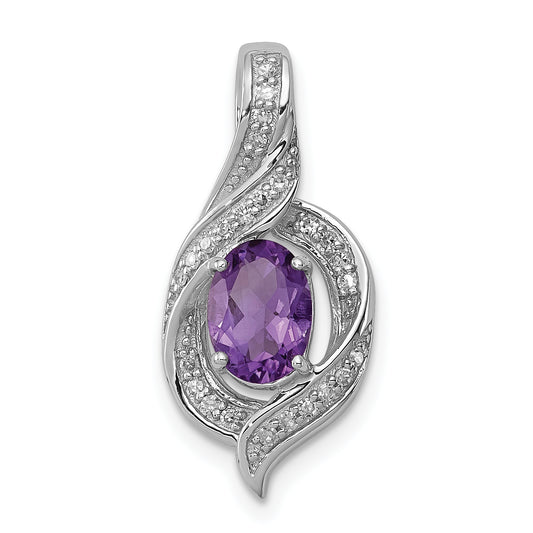 Sterling Silver Rhodium-plated Diamond & Amethyst Oval Pendant