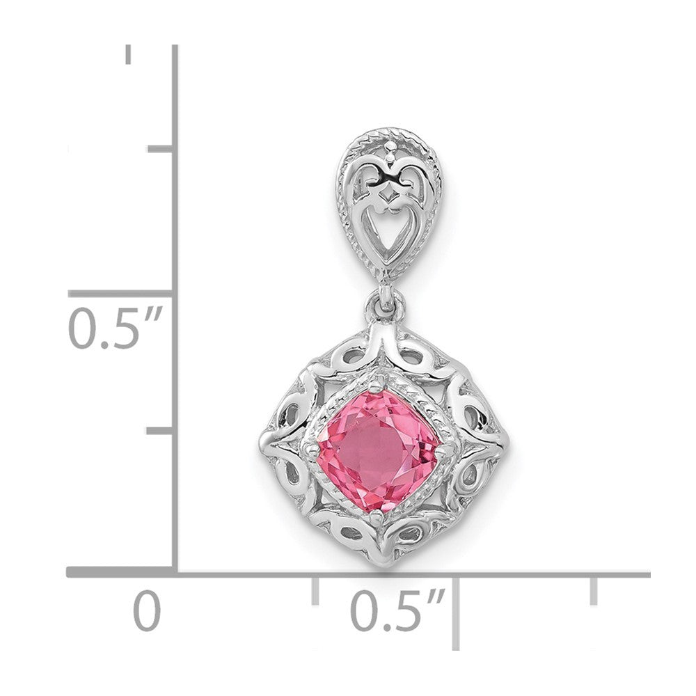 Sterling Silver Rhodium-plated Polished Pink Tourmaline Square Pendant