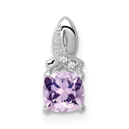 Sterling Silver Rhodium-plated Pink Quartz and Diamond Pendant