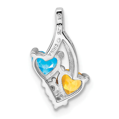 Sterling Silver Rhodium-plated Blue Topaz & Citrine Diamond Pendant