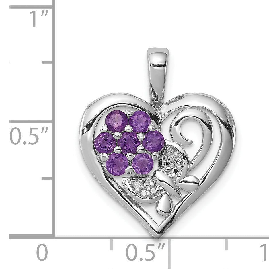Sterling Silver Rhodium-plated Amethyst Diamond Pendant