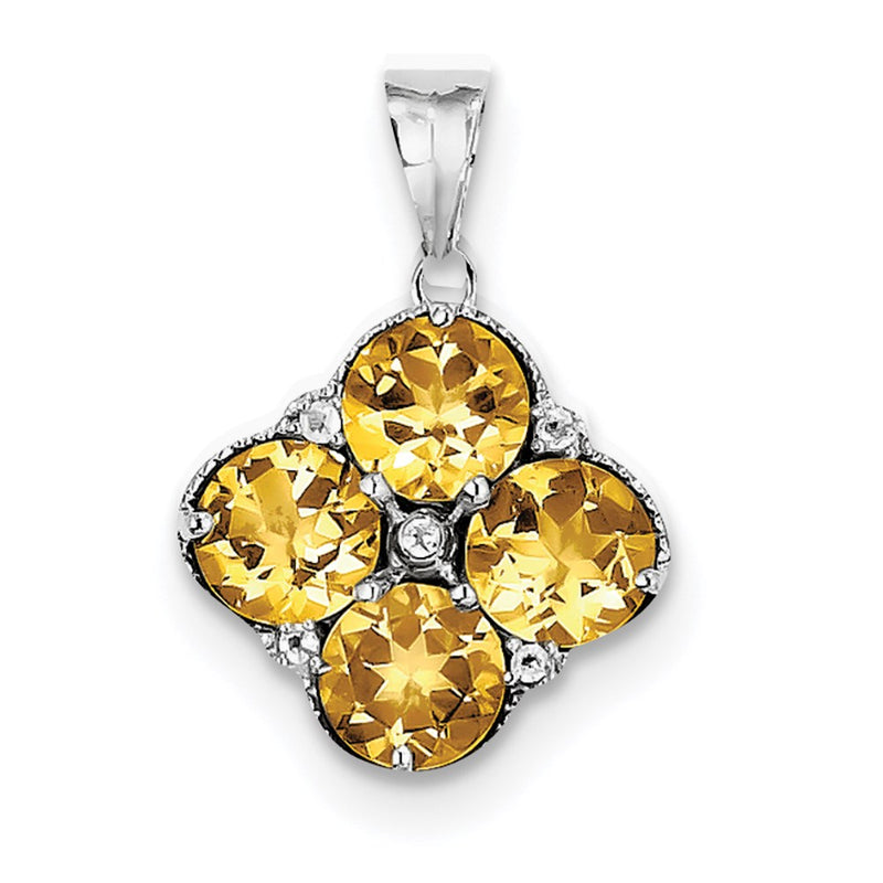 Sterling Silver Rhodium-plated Citrine and White Topaz Round Pendant