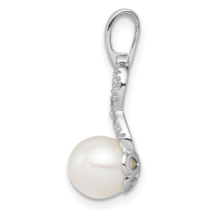 Sterling Silver Rhod Plated Diamond And Fw Cultured Pearl Pendant