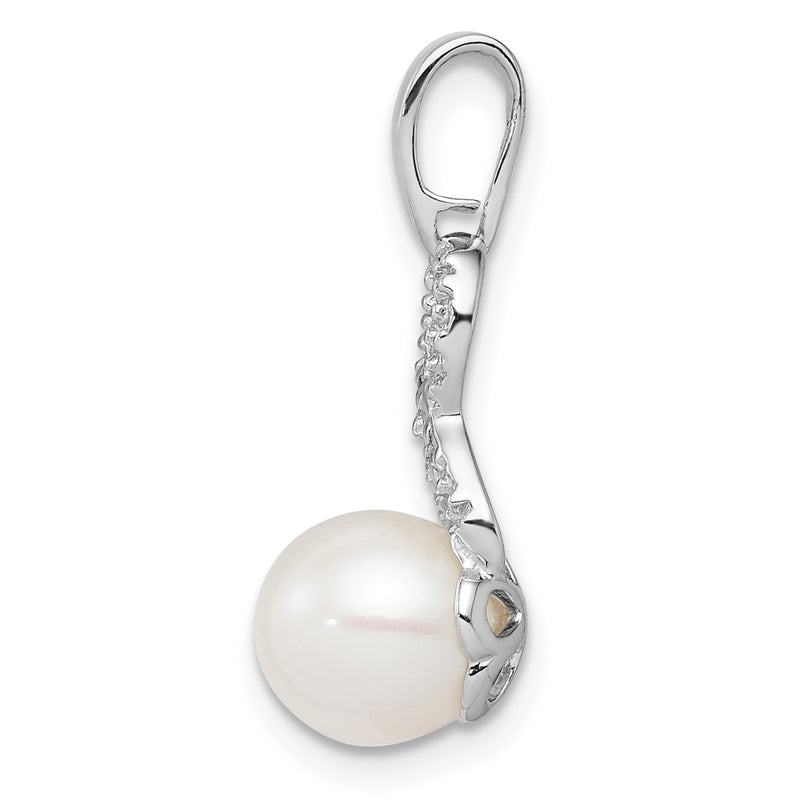 Sterling Silver Rhod Plated Diamond And Fw Cultured Pearl Pendant