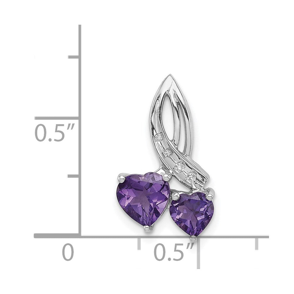 Sterling Silver Rh Plated Diamond And Amethyst Double Heart Chain Slide