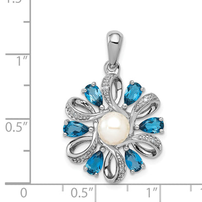 Sterling Silver Rhodium Plated Dia. And London Bt Flower Pendant