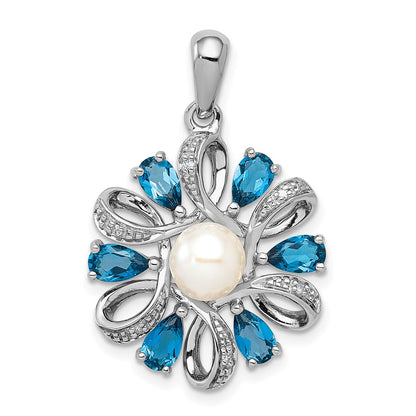 Sterling Silver Rhodium Plated Dia. And London Bt Flower Pendant
