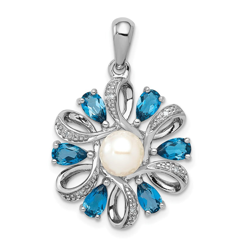 Sterling Silver Rhodium Plated Dia. And London Bt Flower Pendant