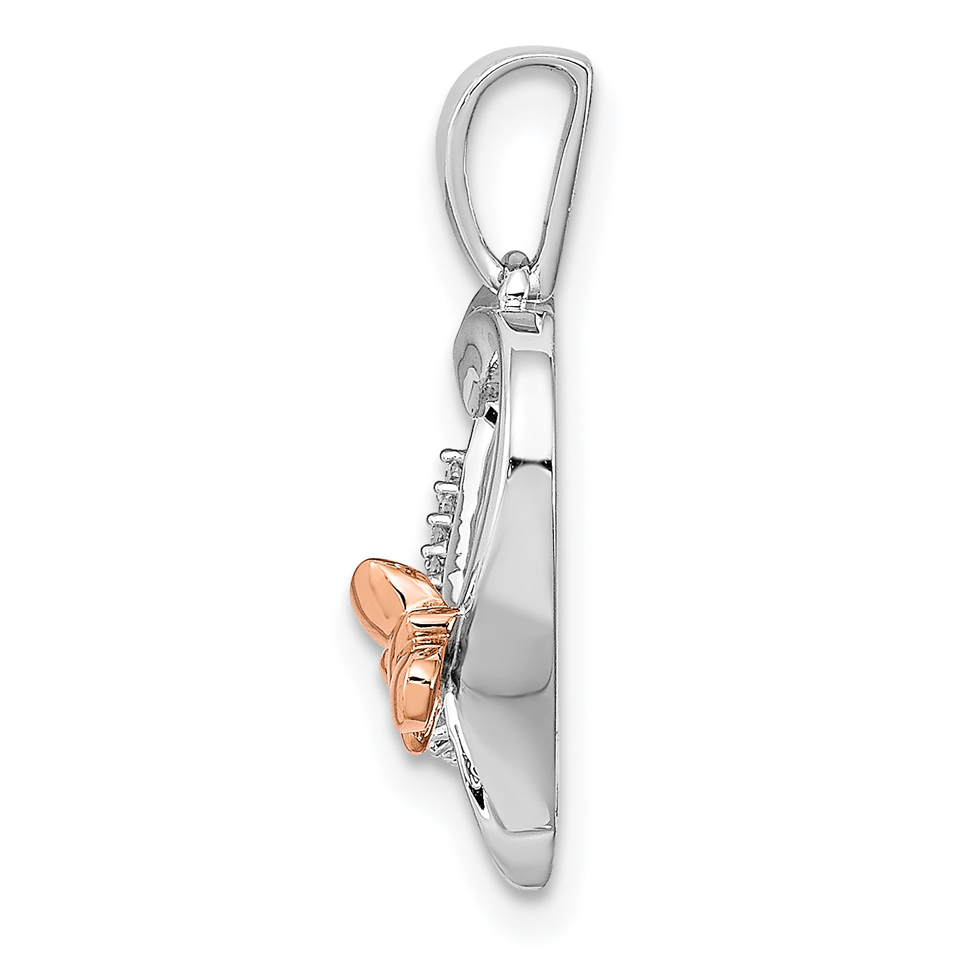 Sterling Silver Rhod-Plated W/14K Rose Gold Butterfly Diamond Heart Pendant