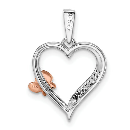 Sterling Silver Rhod-Plated W/14K Rose Gold Butterfly Diamond Heart Pendant