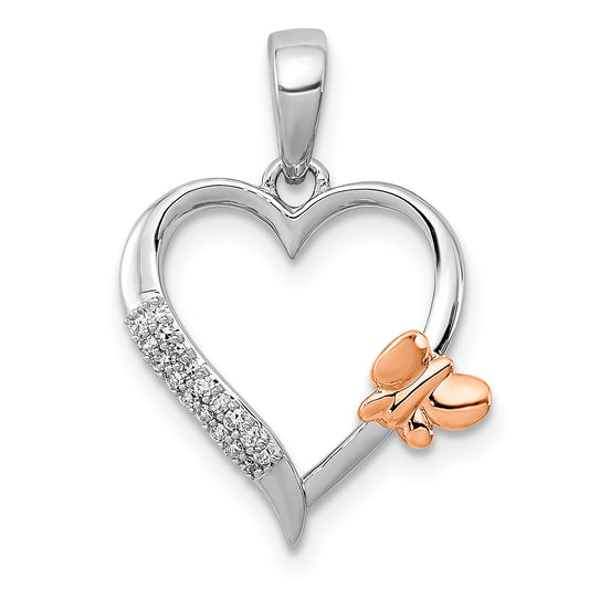 Sterling Silver Rhod-Plated W/14K Rose Gold Butterfly Diamond Heart Pendant