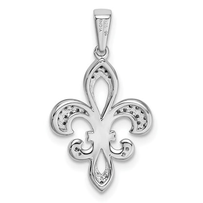 Sterling Silver Rhod-Plated With 14K Diamond Fleur De Lis Pendant