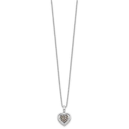 Sterling Silver White Night Rhodium-Plated Champagne Diamond Heart 18 Inch Necklace With 2 Extender