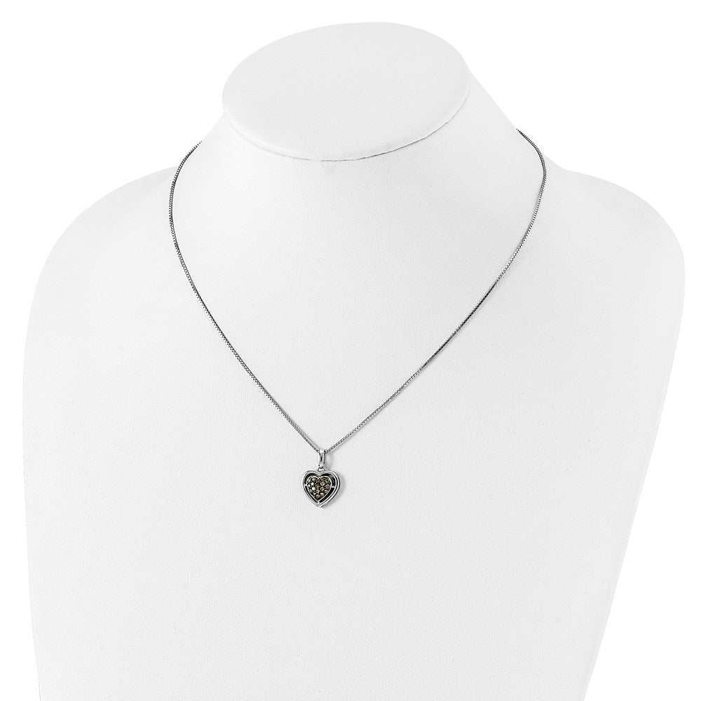 Sterling Silver White Night Rhodium-Plated Champagne Diamond Heart 18 Inch Necklace With 2 Extender