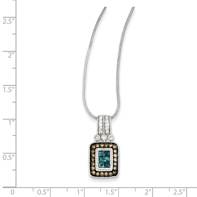 Sterling Silver White/Champagne/Blue Diamond Pendant Necklace