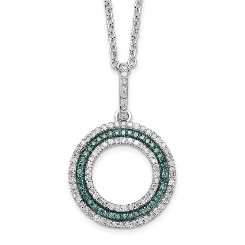 Sterling Silver White Night Rhodium-Plated Blue And Diamond Circle 18 Inch Necklace With 2 Extender