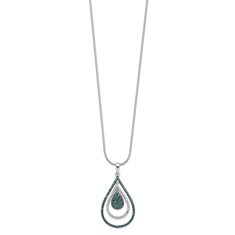 Sterling Silver White Night Rhodium-Plated Blue And Diamond Teardrop 18 Inch Necklace With 2 Extender