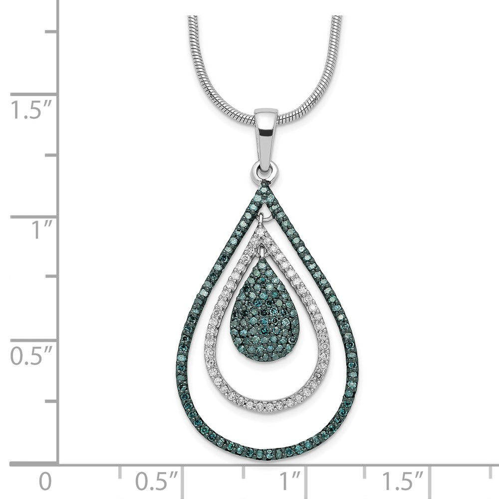 Sterling Silver White Night Rhodium-Plated Blue And Diamond Teardrop 18 Inch Necklace With 2 Extender