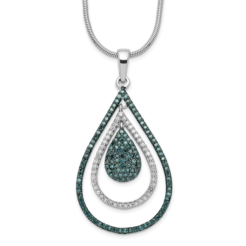 Sterling Silver White Night Rhodium-Plated Blue And Diamond Teardrop 18 Inch Necklace With 2 Extender