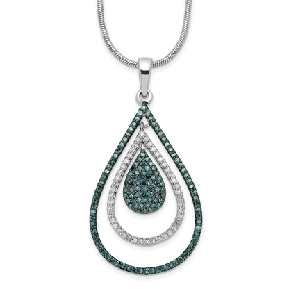 Sterling Silver White Night Rhodium-Plated Blue And Diamond Teardrop 18 Inch Necklace With 2 Extender