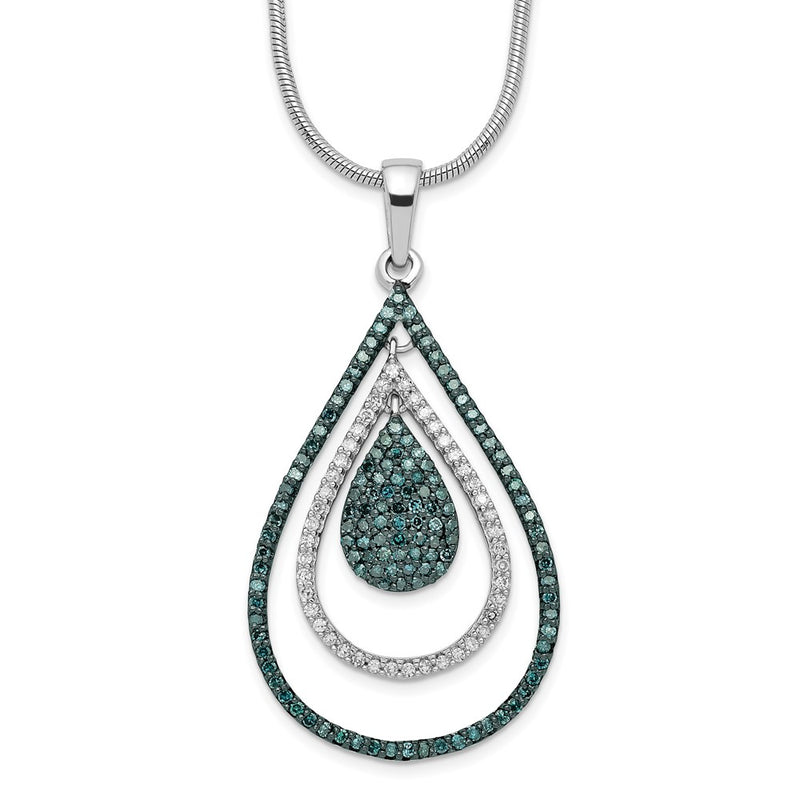 Sterling Silver White Night Rhodium-Plated Blue And Diamond Teardrop 18 Inch Necklace With 2 Extender