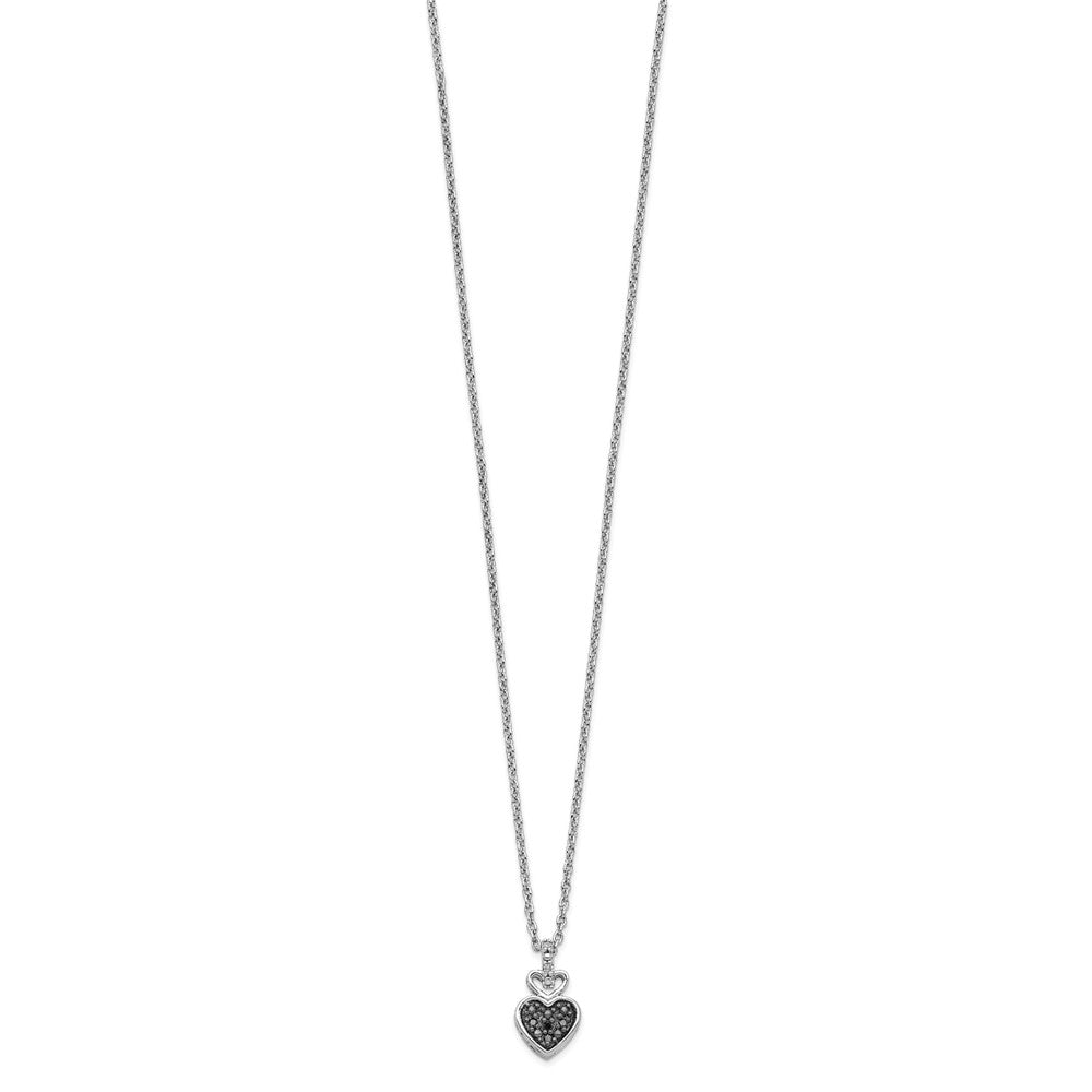 Sterling Silver White Night Rhodium-Plated And Black Diamond Heart 18 Inch Necklace With 2 Extender