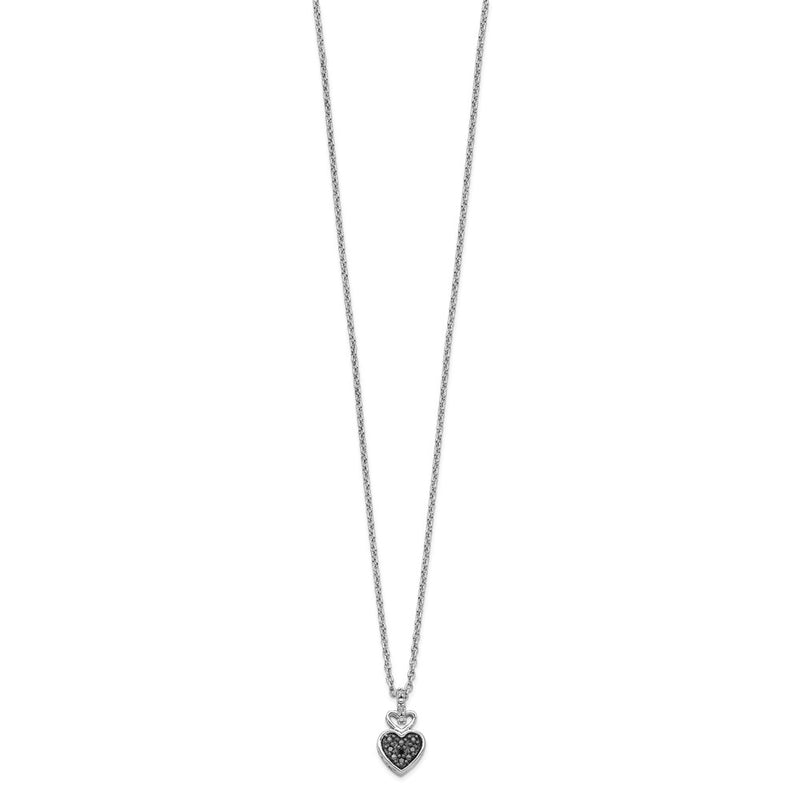 Sterling Silver White Night Rhodium-Plated And Black Diamond Heart 18 Inch Necklace With 2 Extender