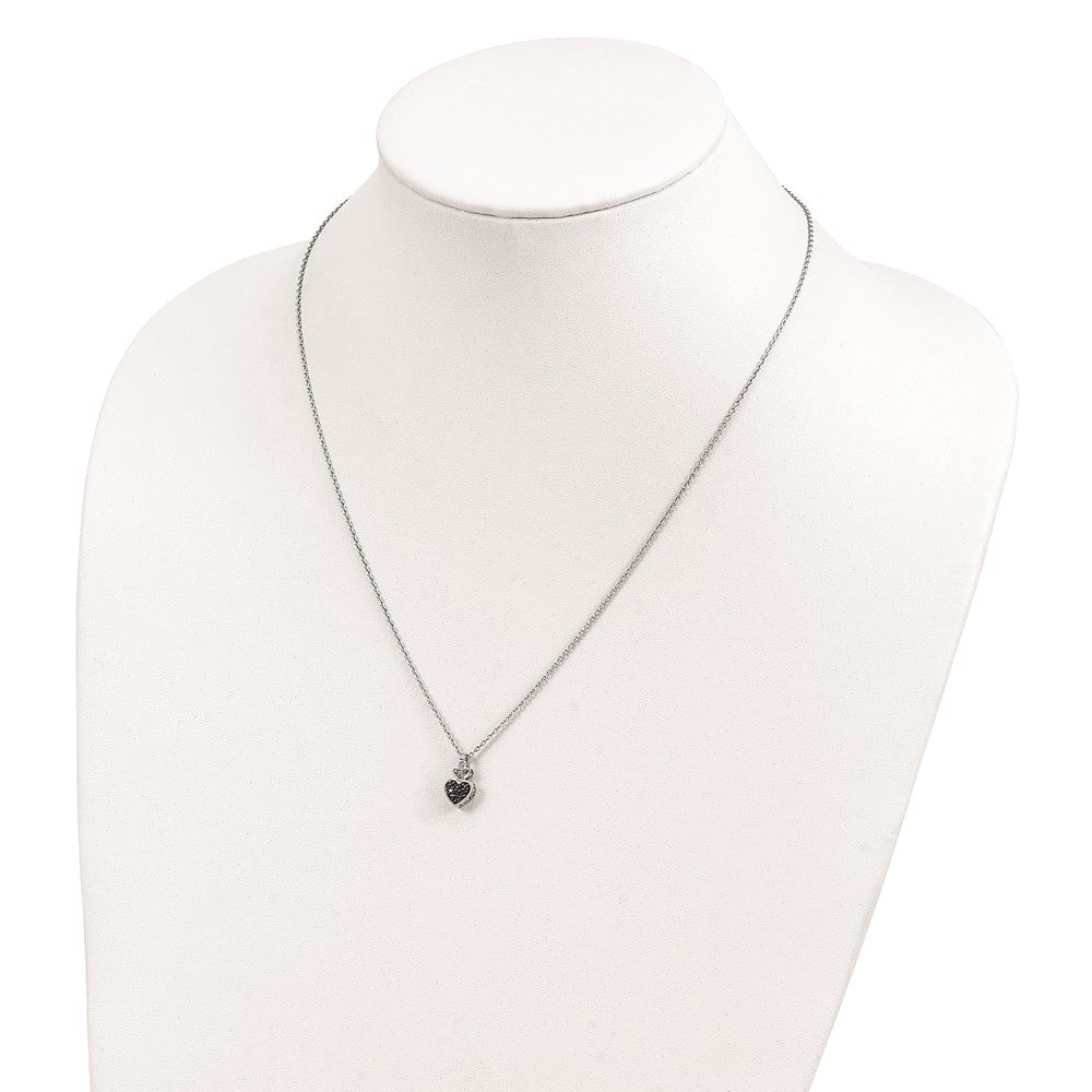 Sterling Silver White Night Rhodium-Plated And Black Diamond Heart 18 Inch Necklace With 2 Extender