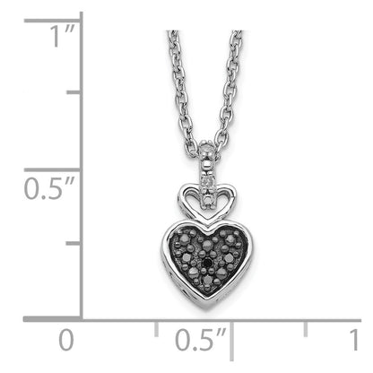 Sterling Silver White Night Rhodium-Plated And Black Diamond Heart 18 Inch Necklace With 2 Extender