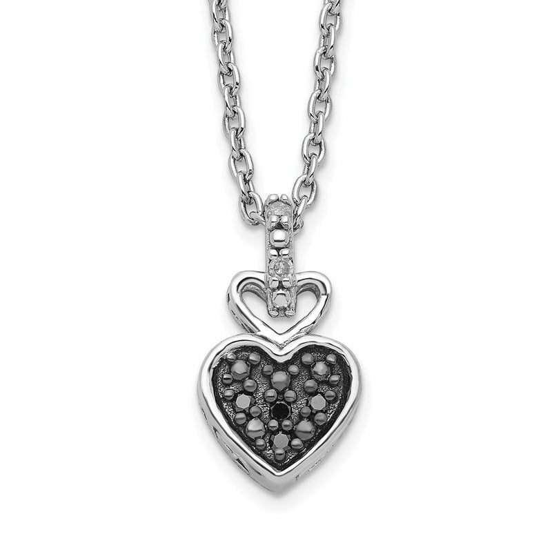 Sterling Silver White Night Rhodium-Plated And Black Diamond Heart 18 Inch Necklace With 2 Extender