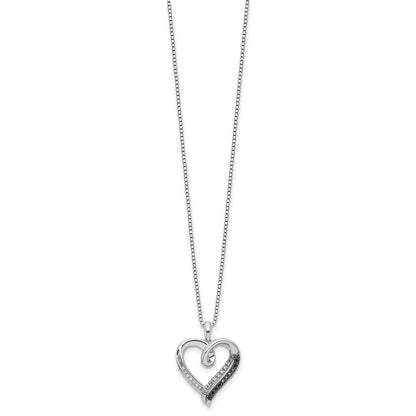Sterling Silver White Night Rhodium-Plated Black And Diamond Heart 18 Inch Necklace With 2 Extender