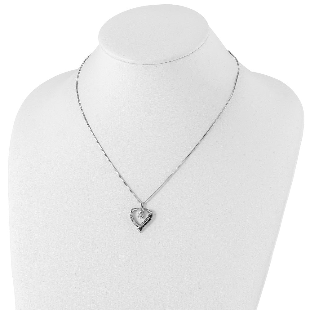 Sterling Silver White Night Rhodium-Plated Black And Diamond Heart 18 Inch Necklace With 2 Extender