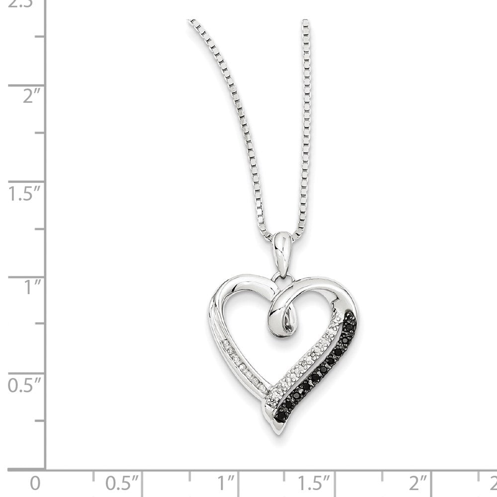 Sterling Silver White Night Rhodium-Plated Black And Diamond Heart 18 Inch Necklace With 2 Extender
