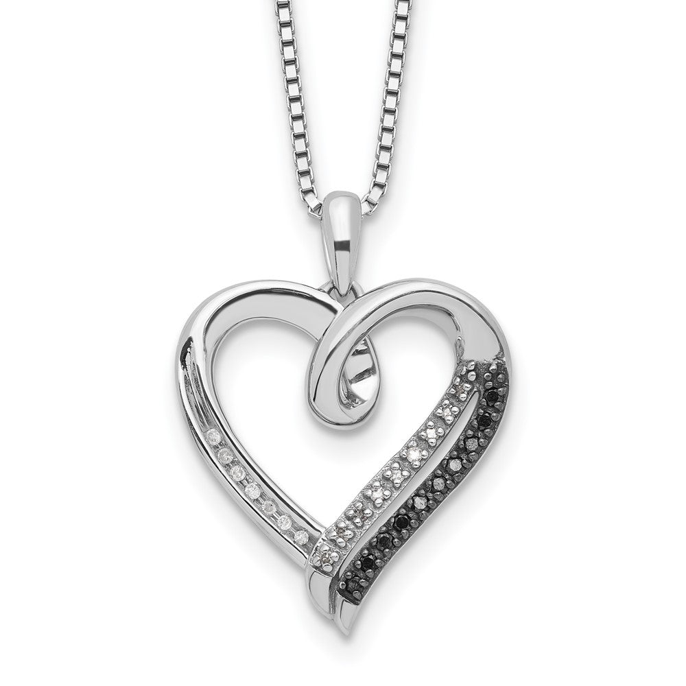 Sterling Silver White Night Rhodium-Plated Black And Diamond Heart 18 Inch Necklace With 2 Extender