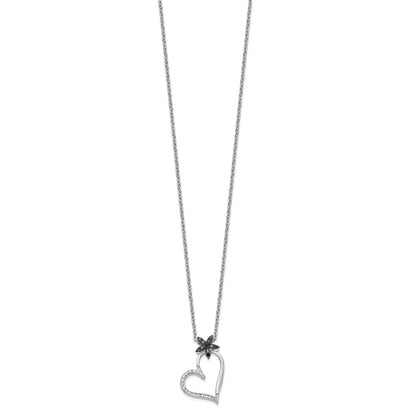 Sterling Silver White Night Rhodium-Plated Black And Diamond Heart With Flower 18 Inch Necklace 2 Extender