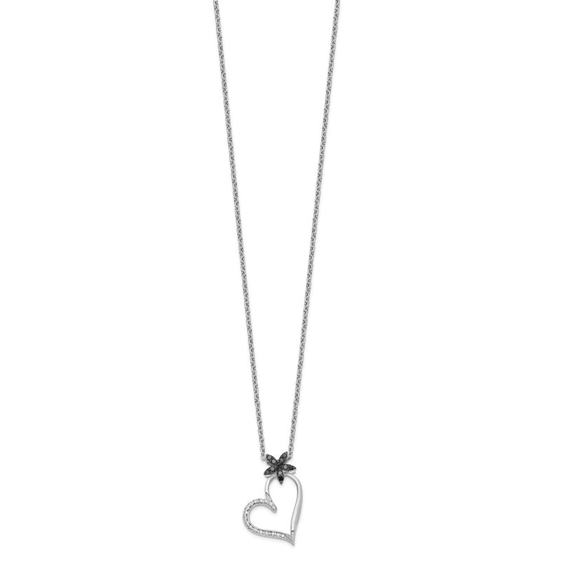 Sterling Silver White Night Rhodium-Plated Black And Diamond Heart With Flower 18 Inch Necklace 2 Extender