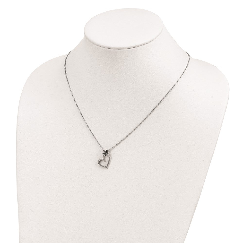 Sterling Silver White Night Rhodium-Plated Black And Diamond Heart With Flower 18 Inch Necklace 2 Extender