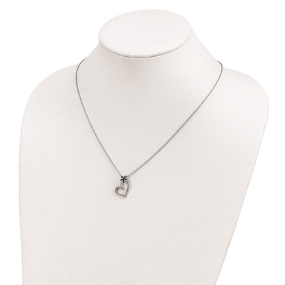 Sterling Silver White Night Rhodium-Plated Black And Diamond Heart With Flower 18 Inch Necklace 2 Extender